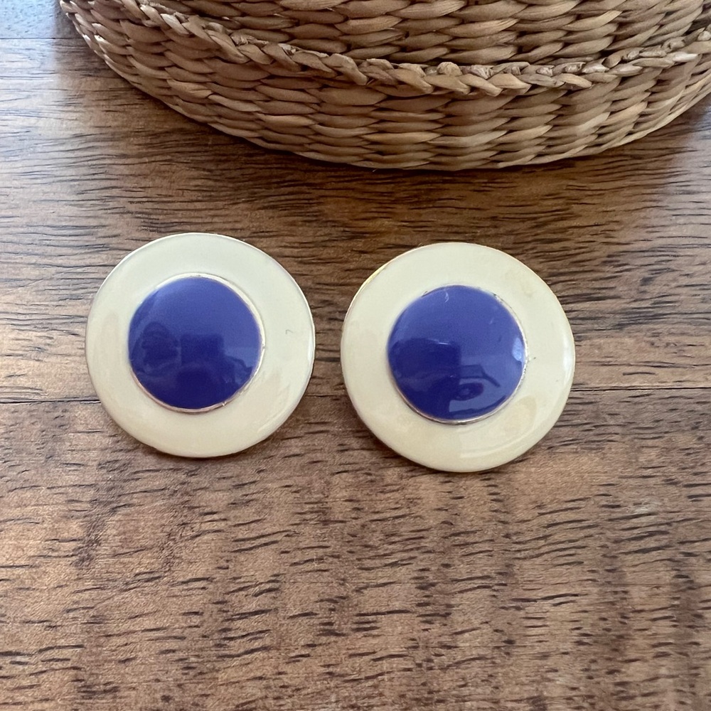 Vintage Cream and Periwinkle Round Earrings